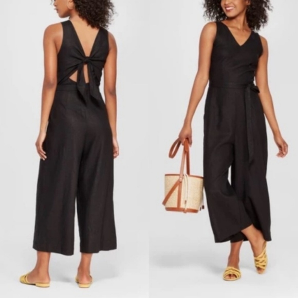 Who What Wear Black Tie Back Linen Romper